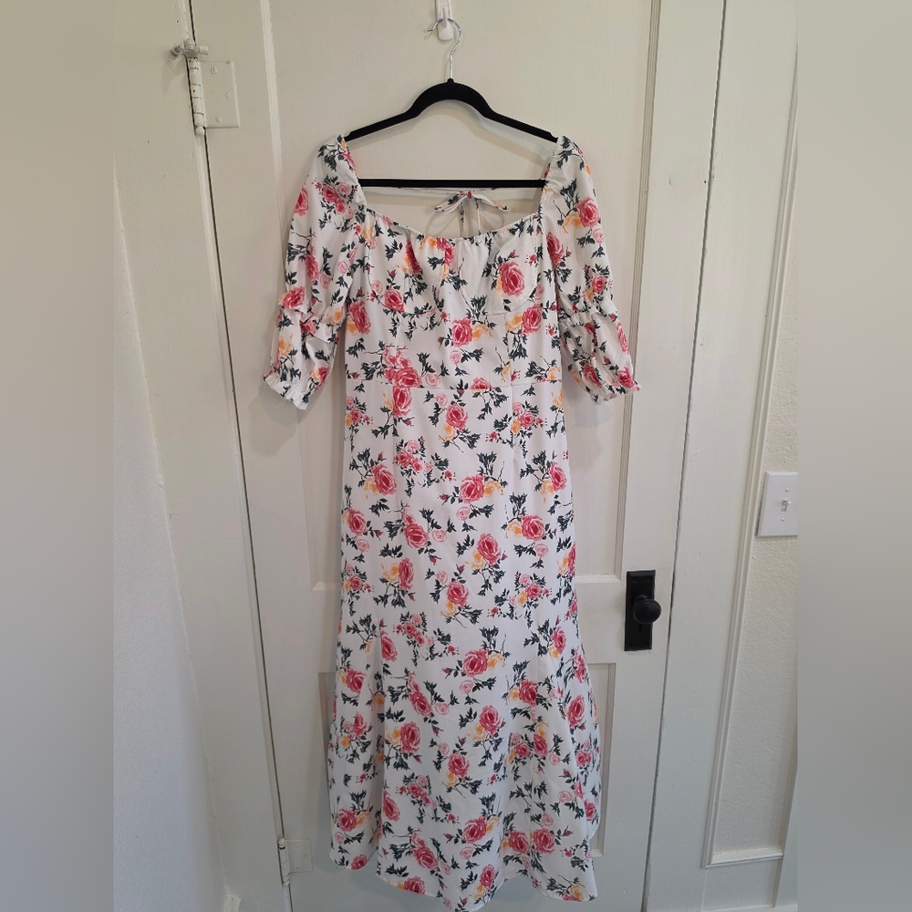 SHEIN White and Pink Floral 3/4 Sleeve Dress